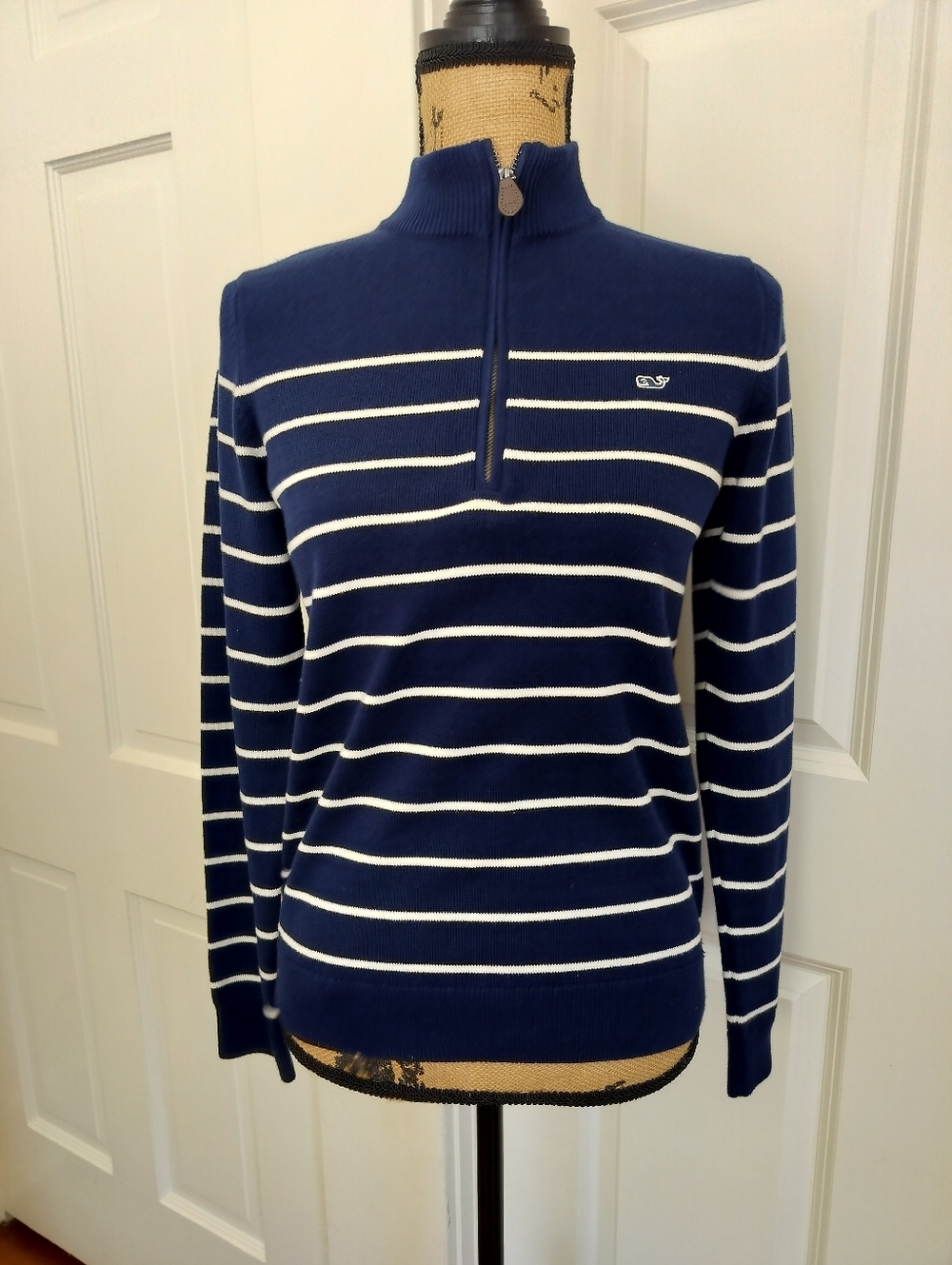 Women's Navy Striped Half-Zip Sweater - Vineyard Vines Size L